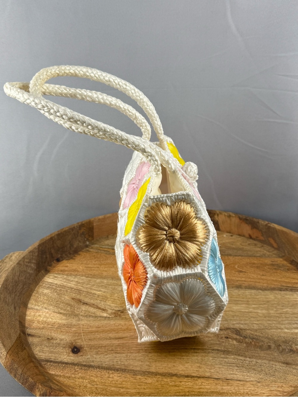 Vintage Raffia Flower Handbag Pastel Floral Straw Purse Cottagecore - Picture 2 of 9